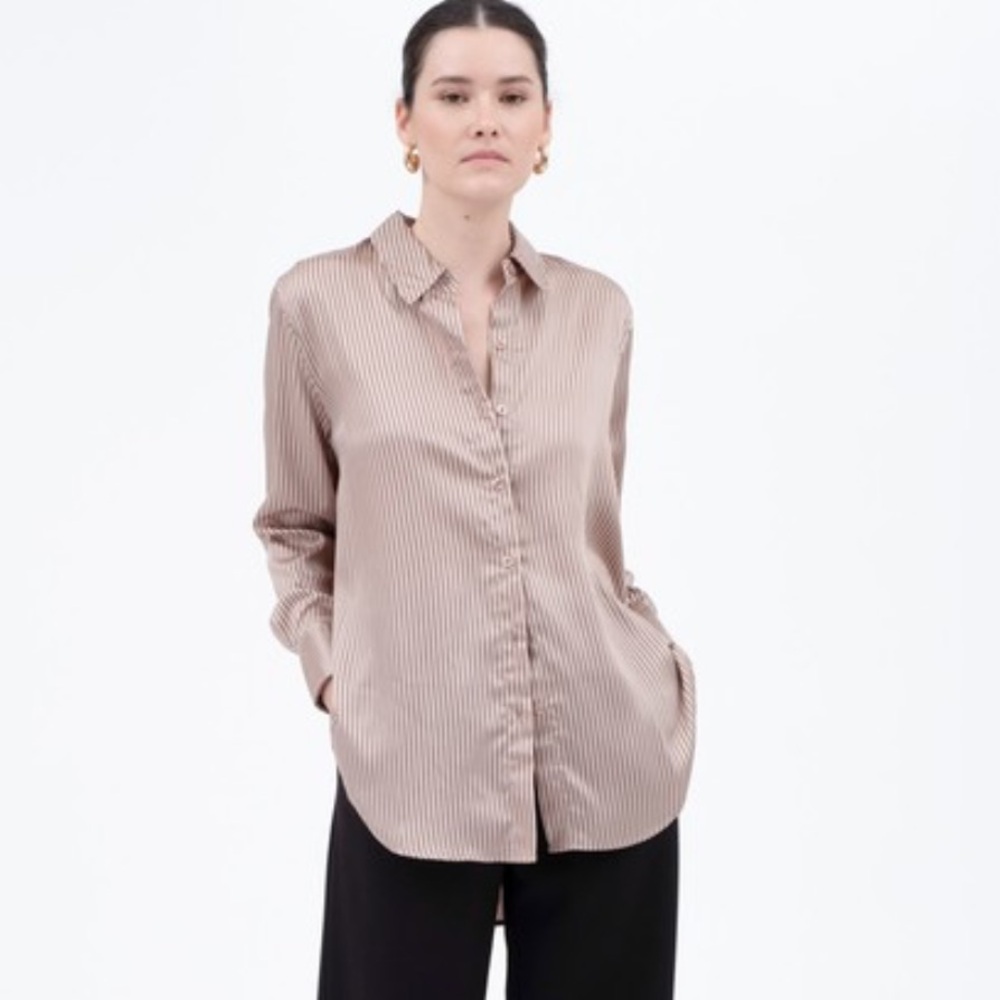 Silk-Feel Striped Button-Down Shirt in Light Taupe NWT